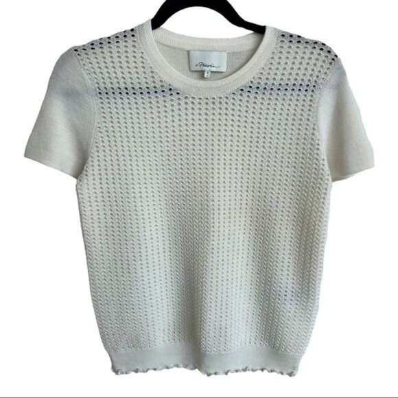 3.1 PHILLIP LIM Cream Perforated Wool BLend Short Sleeve Knit Top Sweater Size S - Picture 1 of 7